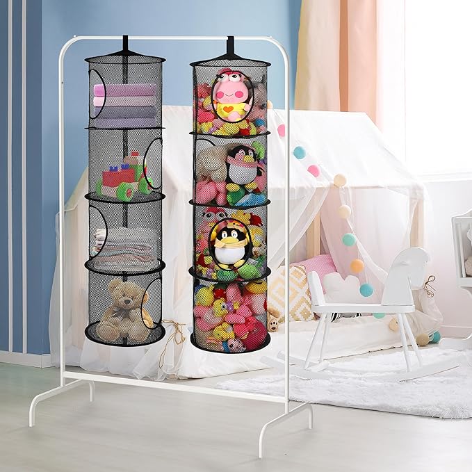 2Pcs Stuffed Animal Storage Organizer Foldable Stuffed Animal Net or Hammock Organizer, 4 Compartments Hanging Mesh Toy Storage Hammock for Kid Room Toys, Gloves, Hats, Socks(Black)
