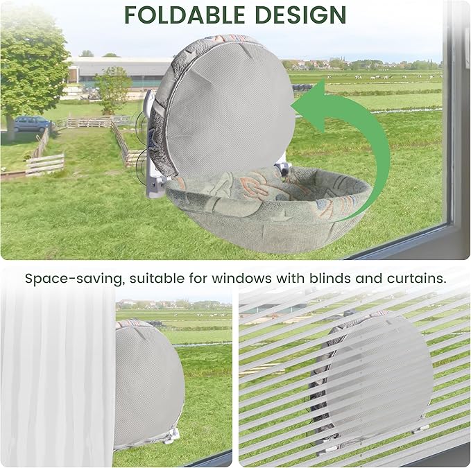 HiPetpy Cat Window Perch, Glow in The Dark Foldable Cat Hammock with Sunken Design & Removable Soft Cover, Breathable Cordless Window Bed for Resting Indoor Kitten (Grey Deep Perch, Medium)