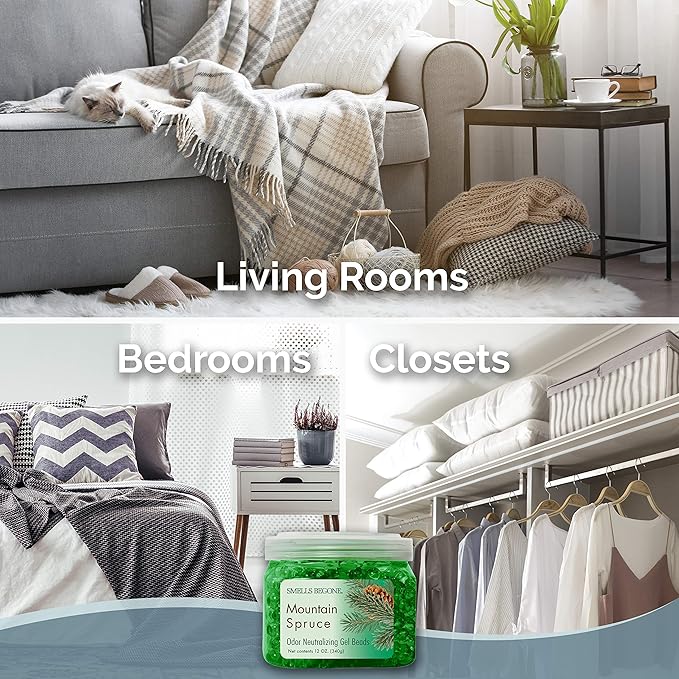 SMELLS BEGONE Odor Eliminator Gel Beads - Air Freshener - Made with Essential Oils - Eliminates Odors in Pet Areas, Bathrooms, Boats, RVs & Cars - Mountain Spruce Scent - 12 Ounce - 2 Pack