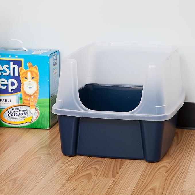 IRIS USA High Sided Cat Litter Box with Scatter Shield and Scoop, Open Top Cat Litter Pan, Navy