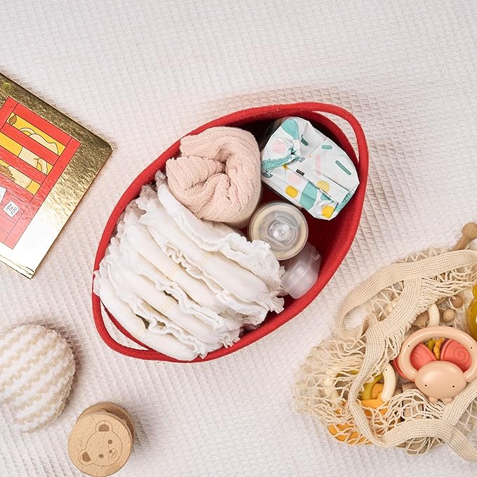 Gift Basket with Wrap Bag and Ribbon, Empty Small Woven Basket for Gift, Cute Decorative Gift Organizer for Baby Showers, Raffle, Valentine‘s, Easter and Mum – 12"x8"x5", Red