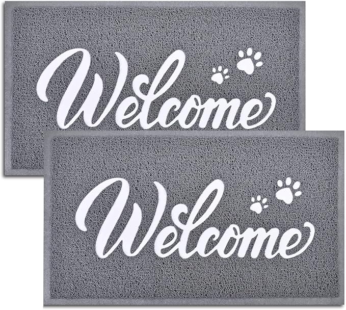 T.HENV Welcome Mat Outdoor, 2 Pack 32x20 Waterproof All-Season Front Door Mat Outside Entrance, All-Weather Quick Drying, Low Profile Doormat Indoor, Patio Porch Entryway Mat, Grey-White