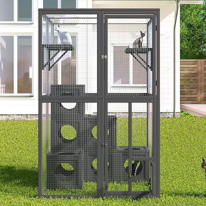 LOVMOR Outdoor Catio with Double Enter Doors, Grey Climbing Shelves, Weatherproof Pine Wood Playground with 7 Freely Combination Wood Boxes
