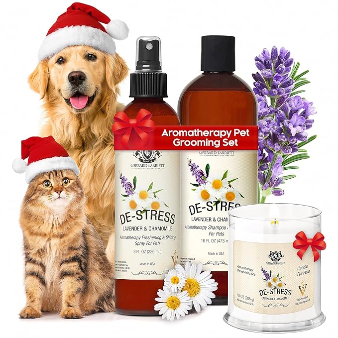Dog Shampoo and Conditioner Aromatherapy Pet Bundle Set Itchy Skin Relief - De-Stress Dog Grooming Bundle with Dogs Calming Spray Scent Mist, and Pet Odor Eliminator Candle - Lavender & Chamomile