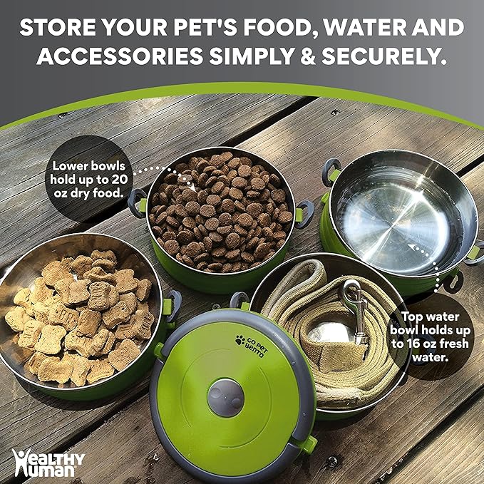 Healthy Human Travel Pet Bento Bowls - Human-Grade Stainless Steel & BPA-Free, Leak-Proof Water & Food Container Set for Dogs & Cats, 4-Pack Interlocking Bowls, Includes Spare Clips & Handle (Green)