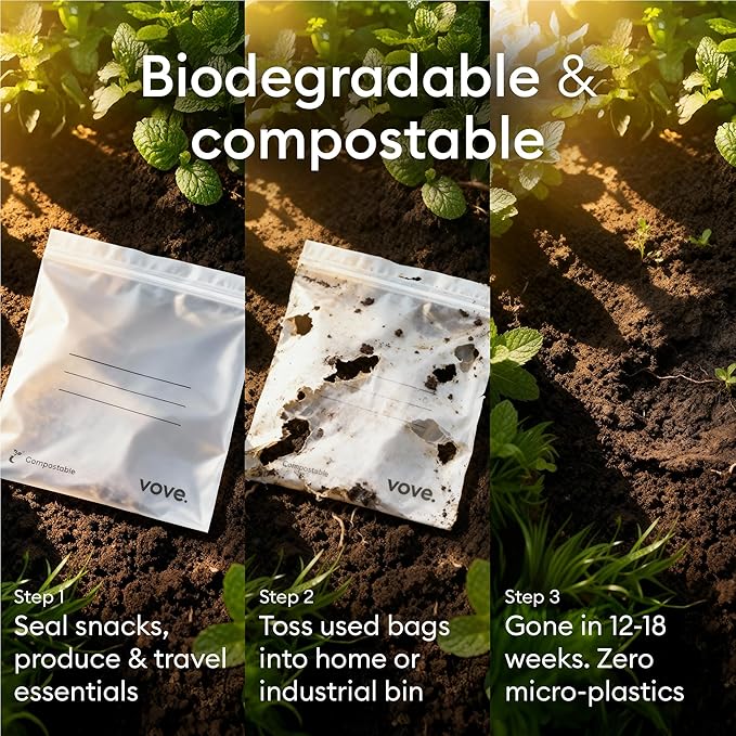 Vove Compostable Gallon Bags, Extra Large 30 Count – Freezer Safe, Leak Proof, Non Toxic Food Storage for Meal Prep & Snacks, Plant-Based Eco Bags