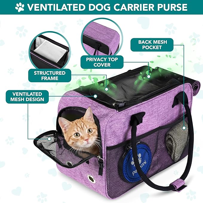 PetAmi Dog Purse Carrier for Small Dogs, Airline Approved Soft Sided Pet Carrier with Pockets, Ventilated Dog Carrying Bag for Puppy Cat, Dog Travel Supplies Bag, Sherpa Bed, Max 12 lbs, Purple