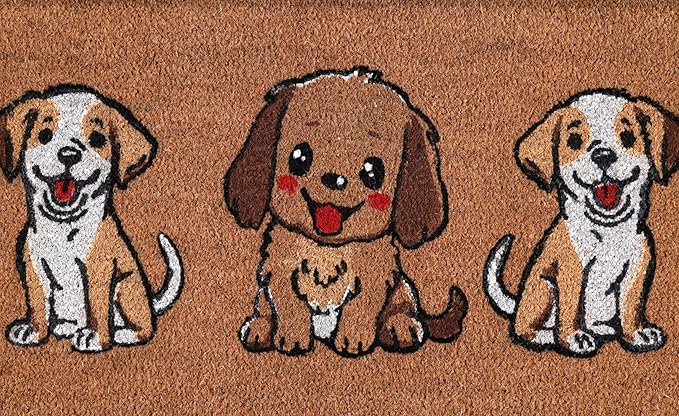 COCONIQ Coir Door Mats 17" X 30", Non-Slip Sturdy, PVC Backed Heavy Duty, Easy to Clean, Ideal for Door Entrance, Patio, Porch, Backyard, Garages, The 3 Cute Musketeer Puppies