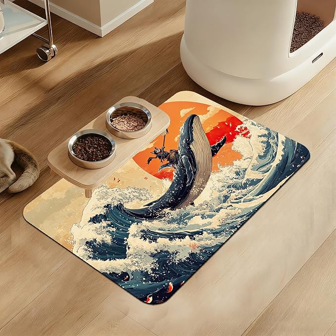 Wave Cat Dog Food Mat,Christmas Stocking Ukiyo-e Whale Absorbent Quick Dry Feeding Placemat for Food and Water Bowls, Non Slip Rubber Backing, Waterproof Pet Supplies for Mess-Free Eating 12"x20"