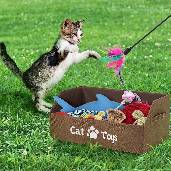 LOVSTORAGE 2X Thicker Large Cat Toy Bin - Collapsible Box, Sturdy Basket, Kitten Storage Bed for Organizing Toys, Treats, Clothes and Accessories (Brown)