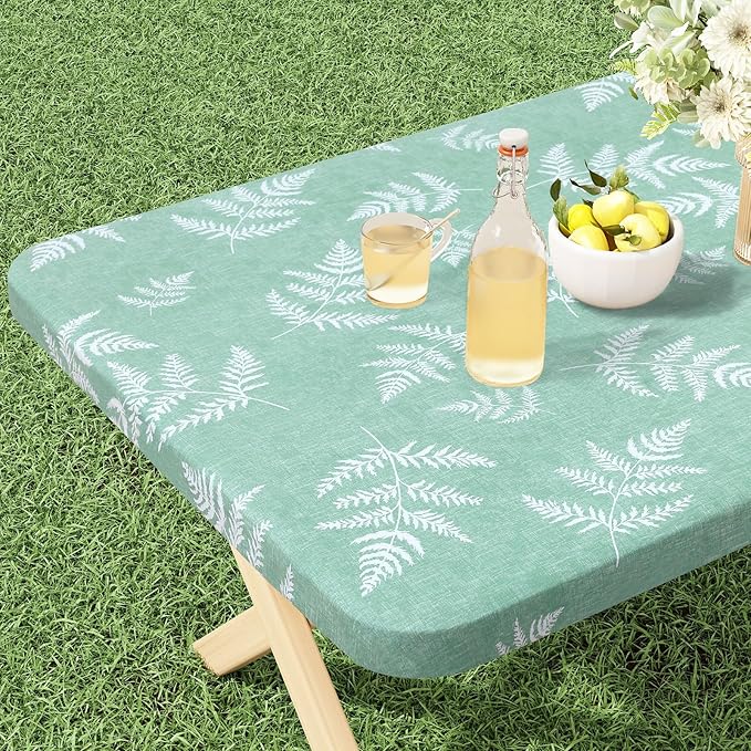 misaya Rectangle Vinyl Tablecloth, Fitted Table Cover, 100% Waterproof, Elastic Edge, Plastic Table Cloth Fit Folding Tables for Picnic, Camping, Outdoor (Light Green Leaves, 36x60 inch)