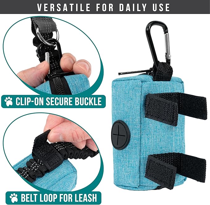 PetAmi Dog Poop Bag Holder for Leash, Dog Treat Pouch Leash, Pet Waste Bag Dispenser with Clip, Doggy Puppy Walking Accessories Supplies with 1 Dog Bag Roll (Blue, 1 Pack)