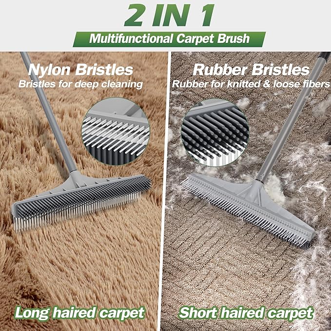 Walensee Rubber Broom, 2 in 1 Rubber Broom and Nylon Carpet Rake Brush for Pet Hair Removal, 61" Adjustable Long Handle, Carpet Hair Cleaning Tool for Fur Rug, Stairs and Mats - Washable, Durable