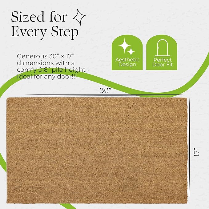 COCONIQ Coir Door Mats 17" X 30", Pack of 2, Non-Slip Sturdy, PVC Backed, Heavy Duty, Easy to Clean, Ideal for Door Entrance, Patio, Porch, Backyard, Garages, Plain Mat