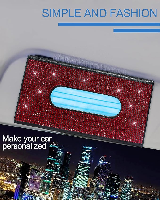 Bling Car Sun Visor Tissue Box Holder,PU Leather with Bling Crystal Rhinestones Tissue Holder,Car Accessories for Women (Red)