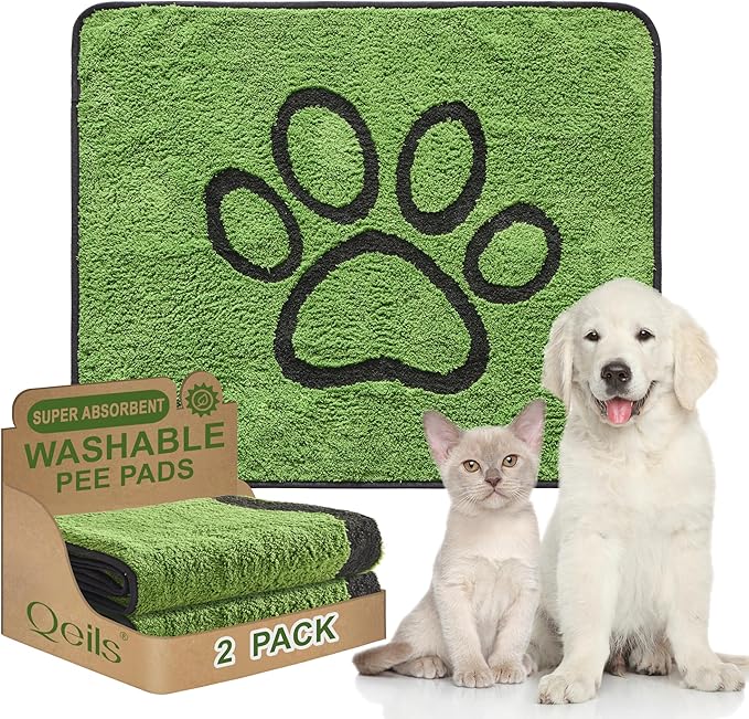 Qeils Reusable Dog Pee Pads, 2 Pack Super Absorbent & Leakproof Washable Puppy Pads with Soft Green Top Layer, for Potty Training, Crates, Couch, Car Seats & Pet Beds, 30"x 34"