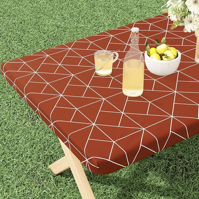 misaya Rectangle Vinyl Tablecloth, 6 Foot Elastic Fitted Table Cover with Flannel Backing, 100% Waterproof Plastic Table Cloth for Picnic, Camping, Outdoor (Rust, 30x72 inch)