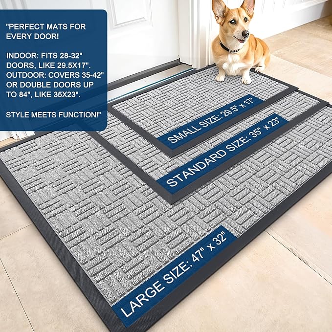 OLANLY Front Door Mat Outside Entrance 35x23, Absorbent, Heavy Duty Sturdy Natural Rubber Doormat Indoor Outdoor, Non-Slip, Stain and Fade Resistant, Low Profile Floor Mat for Entryway, Light Gray
