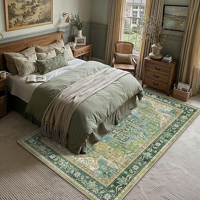 6x9 Washable Vintage Area Rug Green Oriental Living Room Bedroom Throw Rug Neutral Non Slip Soft Low Pile Carpet for Dining Room Office Nursery Indoor