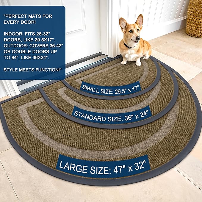 OLANLY Half Circle Door Mat Indoor Outdoor Entrance Welcome, Waterproof All-Season, All-Weather Doormat, Sturdy Natural Rubber, Low Profile, Easy Clean Patio Porch Entryway Mat, 35x23, Brown