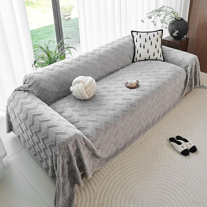 Sherpa Fleece Couch Cover for 3 Cushion Sofa, Grey, 71" x 134" - Pet Proof Sofa Covers Heavy Duty Scratch Resistant Pet Friendly Furniture Cover - Easy Install, Machine Washable