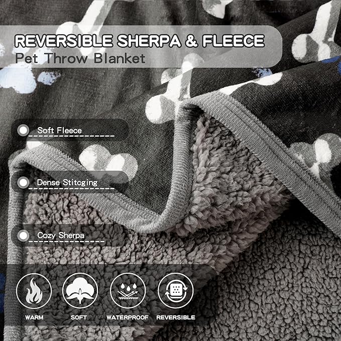 CAPT.SNOOZE Waterproof Dog Blankets Pet Blanket, 30"x40" Cat Blanket for Indoor Cats, Soft Fluffy Sofa Car Bed Protector, Reversible Sherpa Fleece Puppy Blanket for Small Medium Dogs (Navy Paws)