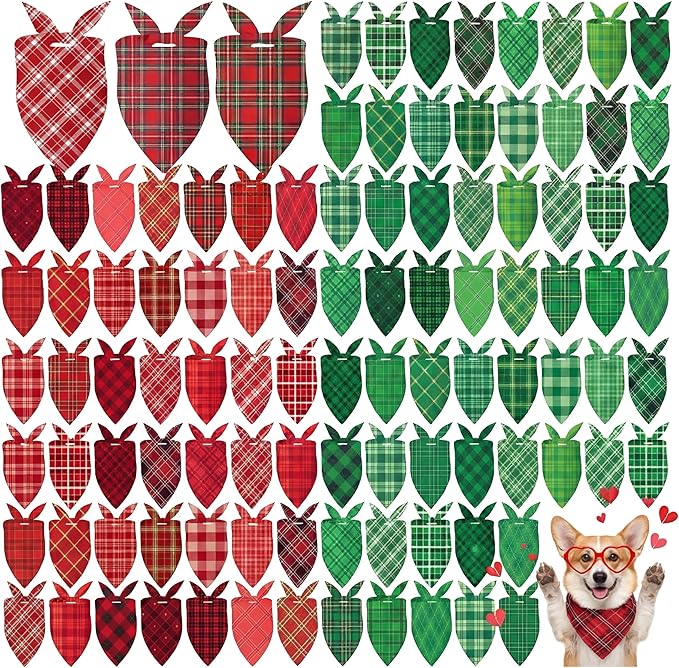 Abbylike 100 Pcs Valentine's & St. Patrick's Day Dog Bandanas Bulk Red & Green Plaid Bandanas for Dogs Triangle Kerchief Bib Scarf for Pet Holiday Costume Photo Props Accessories (25.6 x 17.7 x 17.7)
