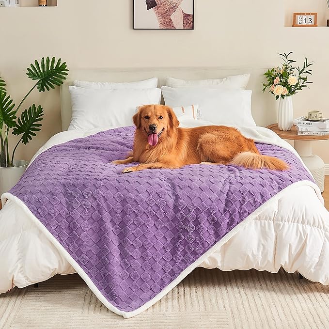 Yaning Checkered Waterproof Blanket for Bed Couch Sofa Car, Fluffy Soft Dog Blanket with 3D Jacquard Grid Pattern, Reversible Leakproof Pet Blankets for Dogs Cats Puppies, Dusty Purple, 60"x80"