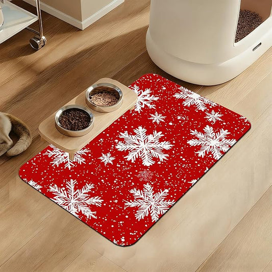 Chirtsmas Snow Flower Pet Food Mat for Cats and Dogs–Absorbent Quick Dry Feeding Placemat, Non Slip Rubber Base, Waterproof Bowl Mat for Indoor Use, Pet Supplies 12"x20"