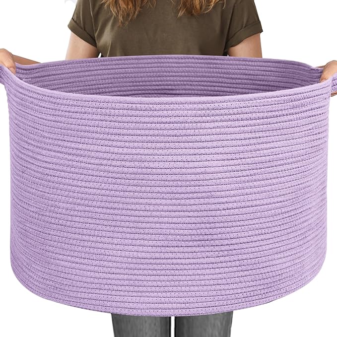 115L Extra Large Purple Storage Basket, 23.6" X 15.7" Jumbo Woven Cotton Rope Bin for Throw Blankets Pillows, Baby Laundry Basket, Dirty Clothes Organizer, Big Storage Box for Toys, Towels