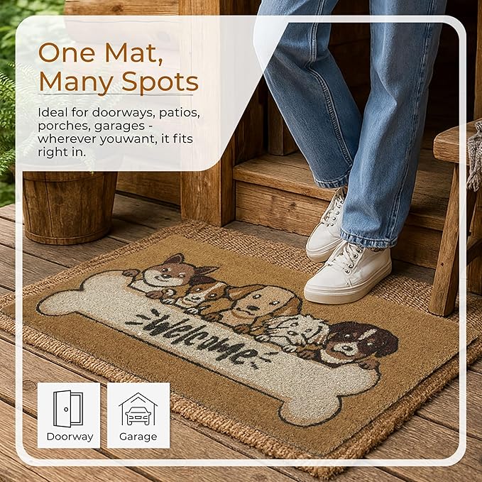 COCONIQ Coir Door Mats 17" X 30", Non-Slip Sturdy, PVC Backed Heavy Duty, Easy to Clean, Ideal for Door Entrance, Patio, Porch, Backyard, Garages, 5 Welcoming Puppies