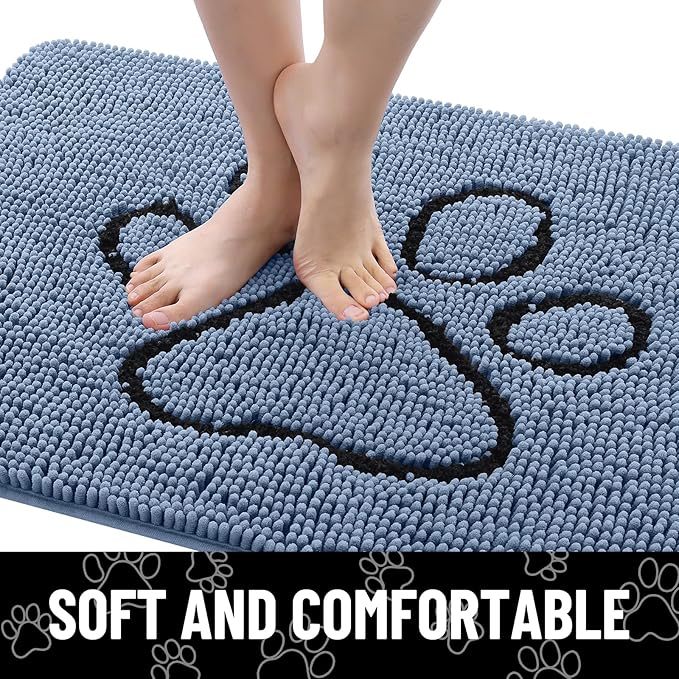 Smiry Dog Door Mat for Muddy Paws, Absorbent Dirt Trapper Non Slip Quick Dry Washable Chenille Mat for Mud Dogs, Entry Rug for Indoor and Outdoor (70x24 Inches, Airy Blue and Black)
