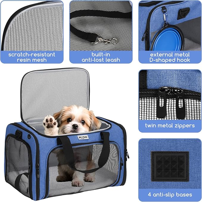 Pet Carrier for Cats & Small Dogs, Travel Carrier with Anti-Collapse Support, Chew Resistant Buckles, Luggage Sleeve, Multi-Pocket Storage, Reversible Mat & Bowl (Blue, Medium (17.5"x11"x11.5"))