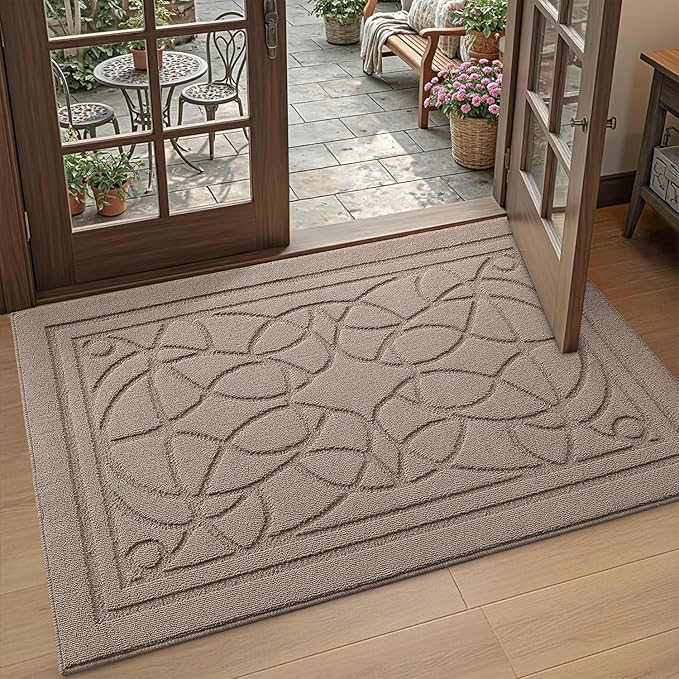 DEXI Front Entryway Door Mat Non Slip 32x48, Washable Inside Entry Way Mats Low Profile Entrance, Welcome Dirt Trapper Doormat Thin for House Floor Home Porter Hall Backdoor Area, Beige