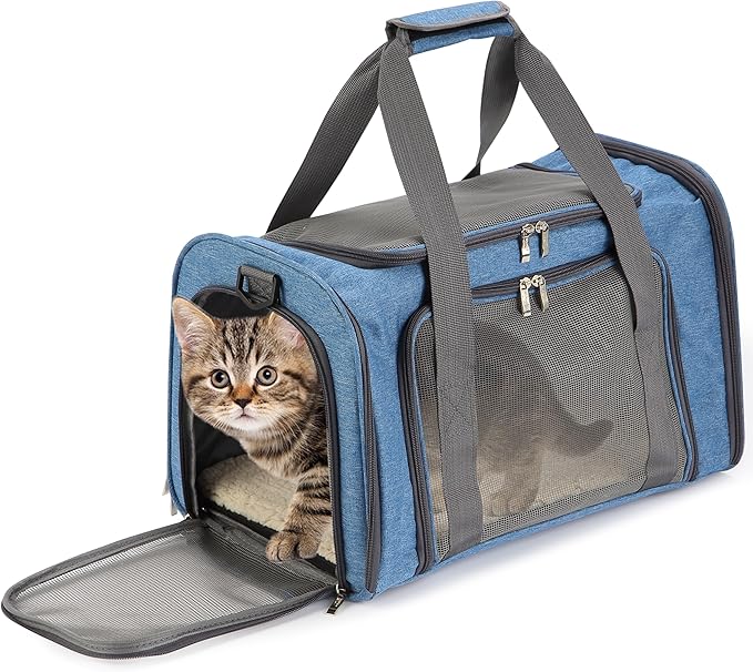 Mr. Pen- Pet Carrier, 17.5" x 11.2" x 11.5", Medium Size, Blue, Portable Travel Carrier for Small Pets, Cats & Small Dogs, Breathable Mesh, Safety Inner Leash, Side Pocket & Padded Shoulder Strap