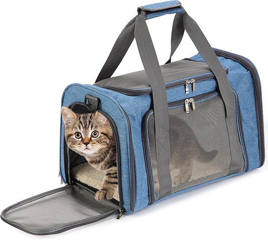 Mr. Pen- Pet Carrier, 17.5" x 11.2" x 11.5", Medium Size, Blue, Portable Travel Carrier for Small Pets, Cats & Small Dogs, Breathable Mesh, Safety Inner Leash, Side Pocket & Padded Shoulder Strap