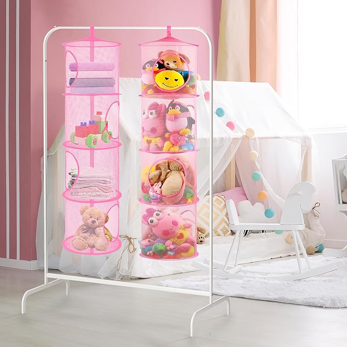 coastal rose Hanging Stuffed Animal Storage or Hammock Toy Net Hammock, Foldable Stuffed Animals Net 4 Compartments, Toy Storage Organizer for Plushies Organizer Mesh Kids Girls Room Decor, Pink