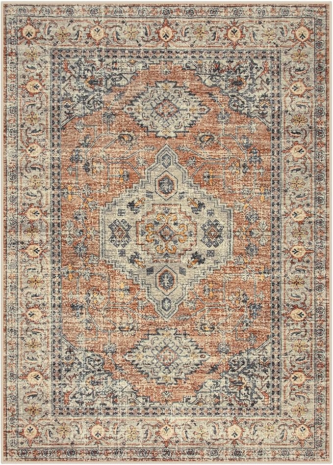 Lahome Oriental Washable Rug, 3x5 Rugs for Bedroom Living Room Entryway, Vintage Ultra-Thin Non-Slip Soft Throw Carpet for Kitchen Office Entrance Eleanor, Peach/Orange