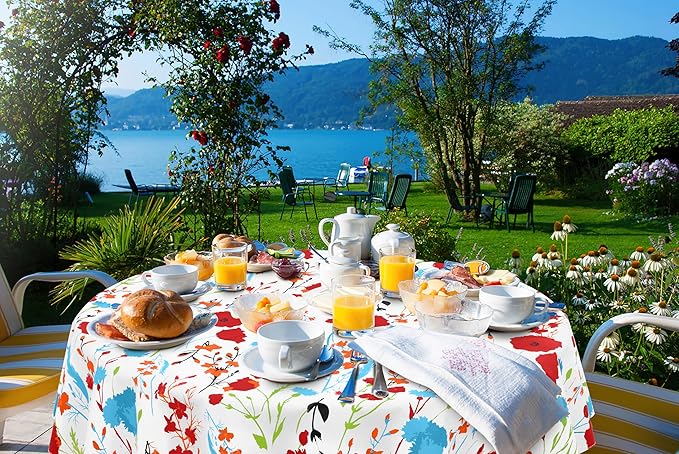 misaya Round Waterproof Vinyl Table Cloth, Wipeable Tablecloth with Flannel Backing, Plastic Table Cover for Dinner, Picnic, Indoor and Outdoor (Flowers, 60")