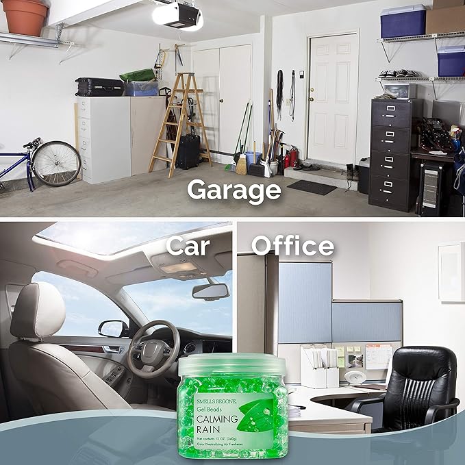 SMELLS BEGONE Odor Eliminator Gel Beads - 12 oz, Pack of 2 - Eliminates Odor in Bathrooms, Cars, Boats, RVs & Pet Areas - Air Freshener - Made with Essential Oils - Calming Rain Scent