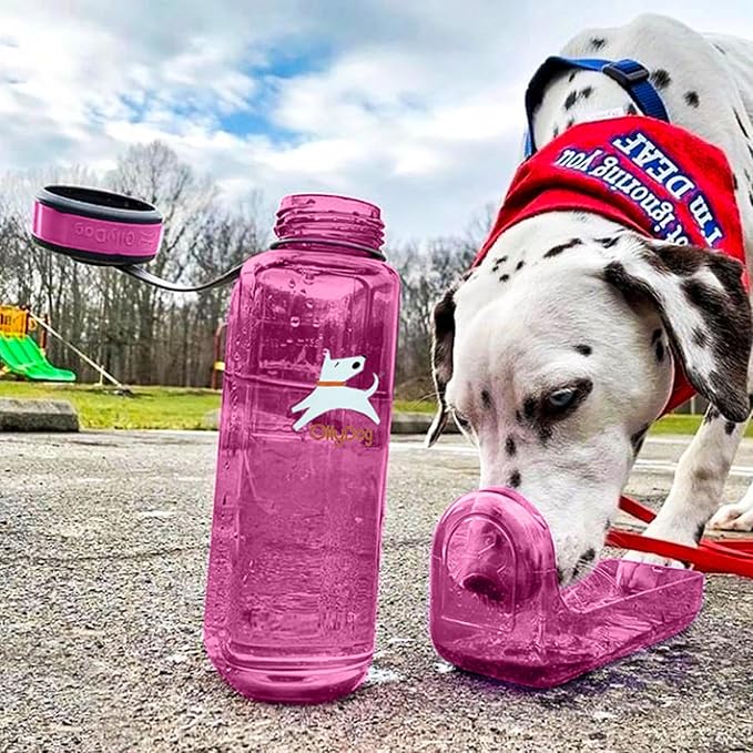 OllyDog OllyBottle | Tritan Dog Water Bottle with Detachable Bowl | BPA Free Leakproof Pet Dispenser | Hiking Travel (1L, Hot Pink)