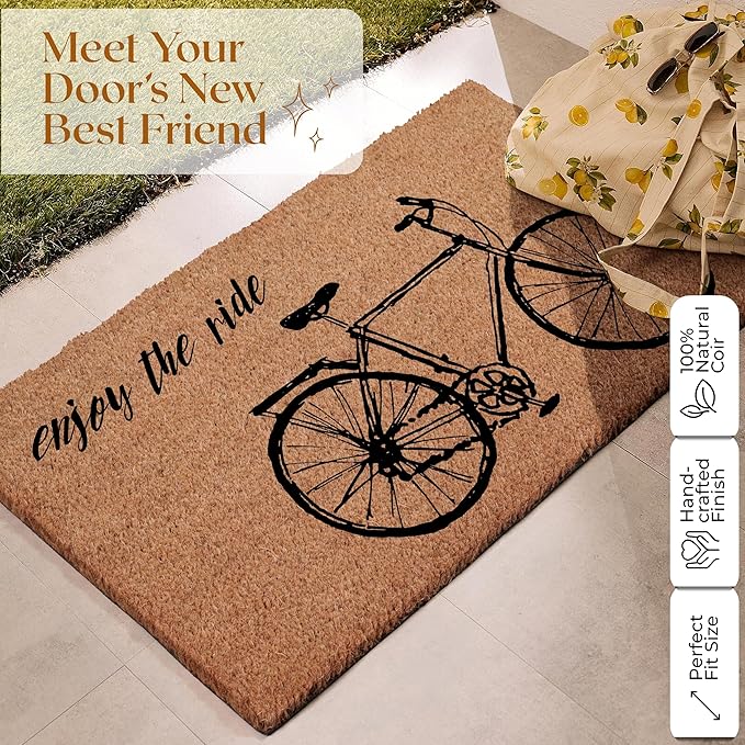 COCONIQ Coir Door Mats 17" X 30", Non-Slip Sturdy, PVC Backed Heavy Duty, Easy to Clean, Ideal for Door Entrance, Patio, Porch, Backyard, Garages, Enjoy The Ride Vintage Bicycle