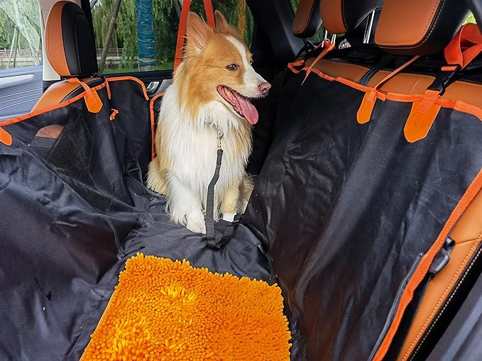 FAN WU Dog Car Seat Cover with Sniffle Mat – Anxiety Relief & Waterproof Protection for Dogs, Travel Hammock with Safety Belt & Removable Sniffing Pad (for Large Dogs)