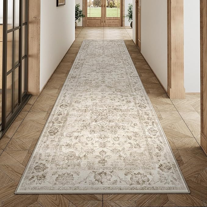 3x10 Washable Neutral Runner Rug Beige Vintage Hallway Kitchen Carpet Non-Slip Soft Low Pile Farmhouse Throw Rug for Bedroom Bathroom Laundry Living Room