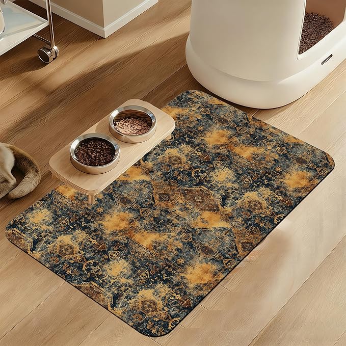 Grunge Boho Pet Feeding Mat for Floors–Absorbent Quick Dry Dog Cat Bowl Mat for Food and Water, Non Slip Waterproof Base, Mess-Free Feeding Accessories 16"x24"