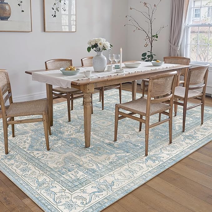 6x9 Washable Vintage Area Rug Blue Oriental Living Room Bedroom Throw Rug Neutral Non Slip Soft Low Pile Carpet for Dining Room Office Nursery Indoor