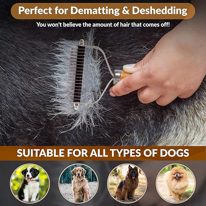 We Love Doodles Pet Dematting Comb and Curved Grooming Slicker Brush Bundle - Deshedding Undercoat Rake, Comb for Detangling Thinning and Shedding, Slicker Brush for All Hair Types