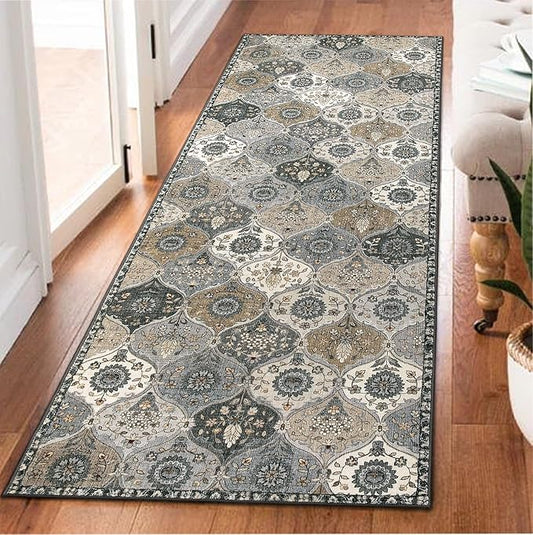 Lahome Moroccan Trellis Kitchen Runner Rug, 2x5 Washable Runners for Hallways Non Slip Soft Hallways Rug Ultra-Thin Vintage Long Carpet for Bedroom Bathroom Elise, Grey