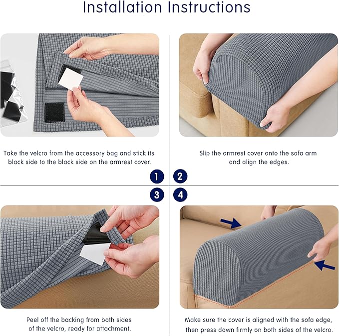 SUBRTEX Stretch Couch Arm Covers Set of 2, Checkered Sofa Arm Slipcovers, Anti-Slip Armrest Covers for Recliner and Armchairs, Pet Proof, High Stretchy, Hook & Loop Tape, Light Gray