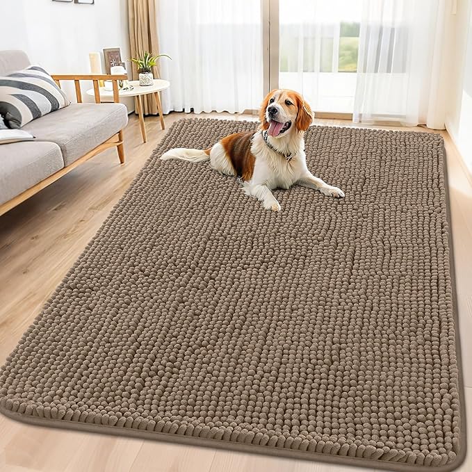 Smiry Dog Door Mat for Muddy Paws 71x46, Absorbs Moisture and Dirt Doormat, Non-Slip Washable Quick Dry Chenille Front Door Mat Indoor Entrance, Entryway Carpet for Inside Floor, Camel